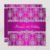 21th誕生日パーティーホットピンクホワイトパールレース 招待状 (正面/裏面)