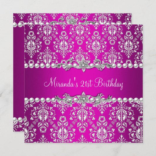 21th誕生日パーティーホットピンクホワイトパールレース 招待状 (正面/裏面)