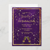 21th誕生日パープル金ゴールドバブル招待 ポストカード (正面/裏面)