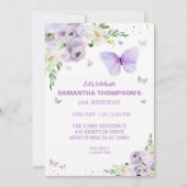 21th誕生日パープル金ゴールドフローラ蝶 招待状 (正面)