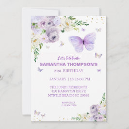 21th誕生日パープル金ゴールドフローラ蝶 招待状