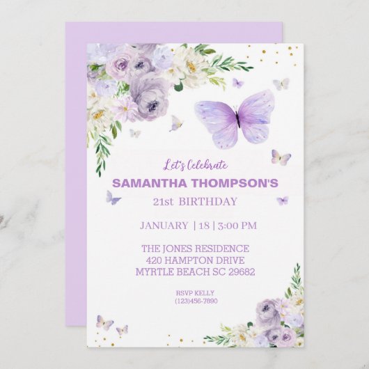 21th誕生日パープル金ゴールドフローラ蝶 招待状 (正面/裏面)