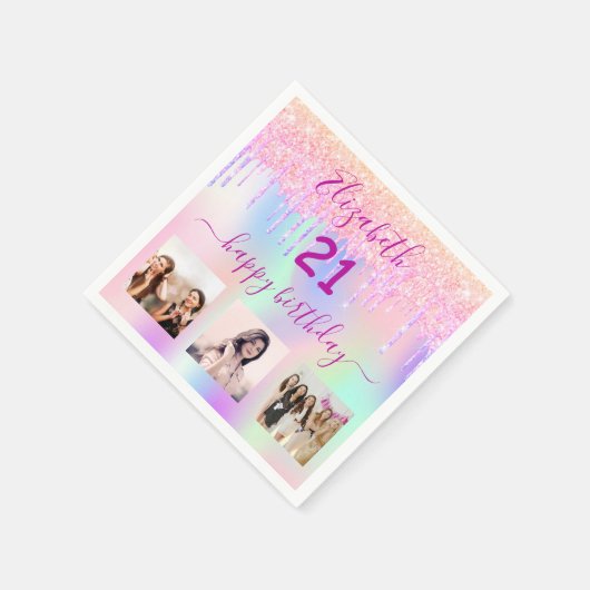 21th誕生日ピンクのホログラフィックフォト名 スタンダードカクテルナプキン (角)