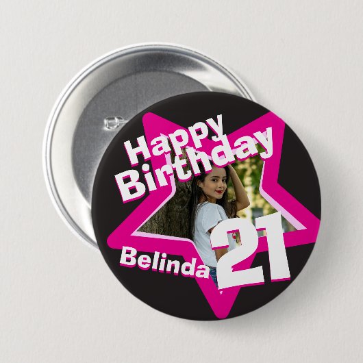 21th誕生日フォトおもしろいホットピンクボタン/バッジ 缶バッジ (正面&裏面)