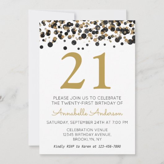 21th誕生日ブラック金ゴールドグリッタースパークル紙吹雪 招待状 (正面)