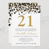 21th誕生日ブラック金ゴールドグリッタースパークル紙吹雪 招待状 (正面/裏面)