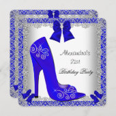 21th誕生日ブルーハイヒールシューシルバーレース 招待状 (正面/裏面)
