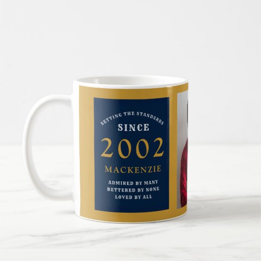 21th Birthday 2002青い金ゴールド追加の名前（写真） コーヒーマグカップ (左)
