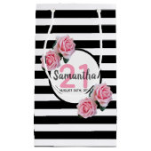 21th birthday pink roses白黒ストライプ名 スモールペーパーバッグ (正面)