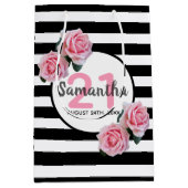 21th birthday pink roses白黒ストライプ名 ミディアムペーパーバッグ (正面)