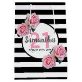 21th birthday pink roses白黒ストライプ名 ミディアムペーパーバッグ (裏面)