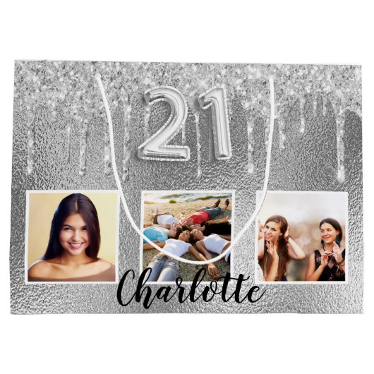 21th birthday silverグリッター写真名ユニーク ラージペーパーバッグ (裏面)
