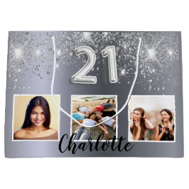 21th birthday silverグリッター写真 ラージペーパーバッグ