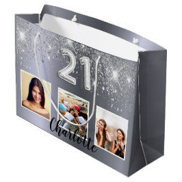 21th birthday silverグリッター写真 ラージペーパーバッグ