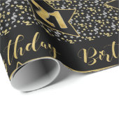21th Birthday Star on Black with Silver金ゴールド ラッピングペーパー (ロールコーナー)