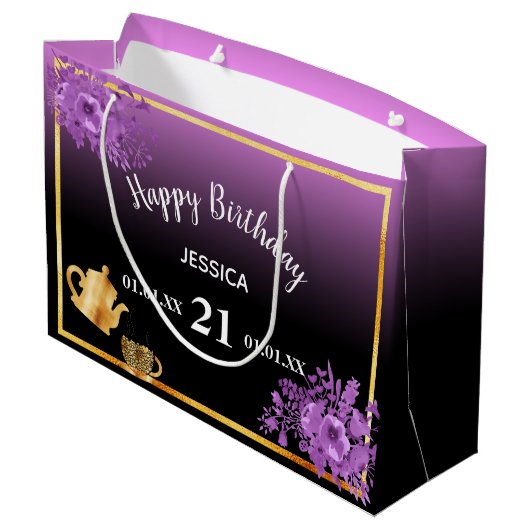 21th birthday violet purple black teaパーティー ラージペーパーバッグ (裏面アングル)