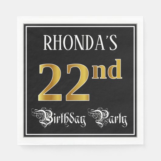 22回目の誕生日パーティファンシー – スクリプト、フェイク金ゴールドルック スタンダードランチョンナプキン (正面)