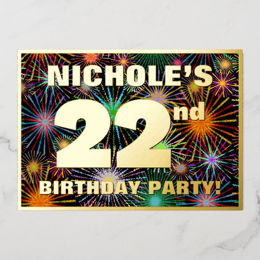 22回目の誕生日パーティー – おもしろいカラフル、Fireworks Look 箔招待状 (正面)