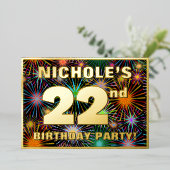 22回目の誕生日パーティー – おもしろいカラフル、Fireworks Look 箔招待状 (立ち正面)