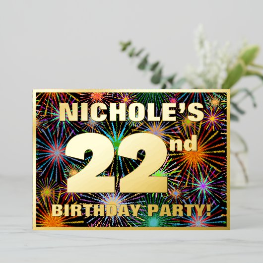 22回目の誕生日パーティー – おもしろいカラフル、Fireworks Look 箔招待状 (立ち正面)