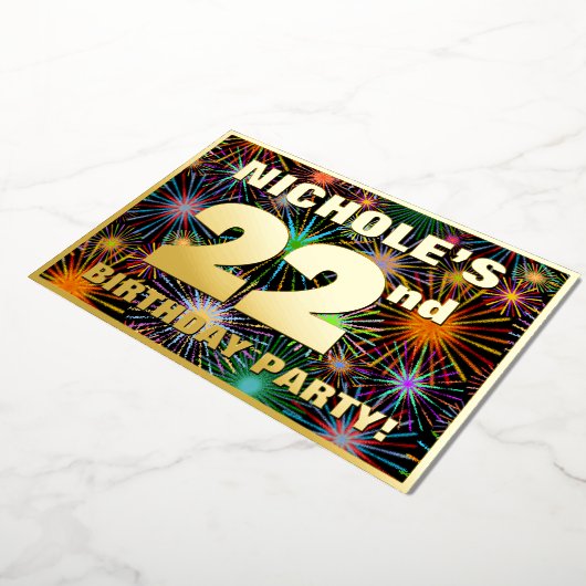 22回目の誕生日パーティー – おもしろいカラフル、Fireworks Look 箔招待状 (回転した状態)