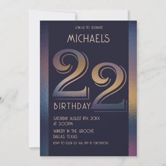 22日モダン濃い紫と金ゴールド 招待状 (正面)