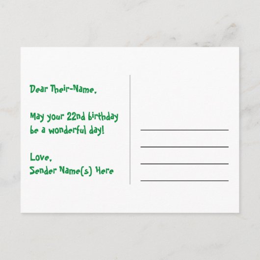 22歳の誕生日おめでとう：楽しいスターパターン、虹22、名前 ポストカード (裏面)