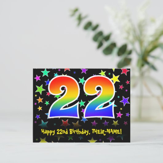 22歳の誕生日おめでとう:楽しいスターパターン、虹22、名前 ポストカード (スタンド正面)