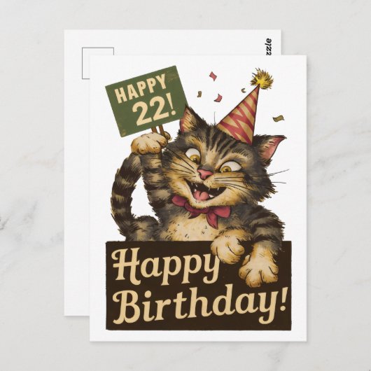 22歳の誕生日かわいいおもしろい猫ヴィンテージ ポストカード (正面/裏面)