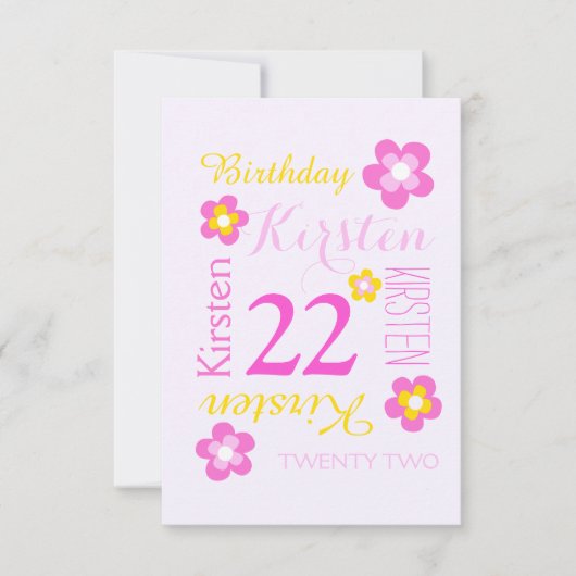 22歳の誕生日の花グラフィックイエローピンクの驚き 招待状 (正面)