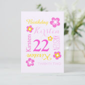 22歳の誕生日の花グラフィックイエローピンクの驚き 招待状 (スタンド正面)