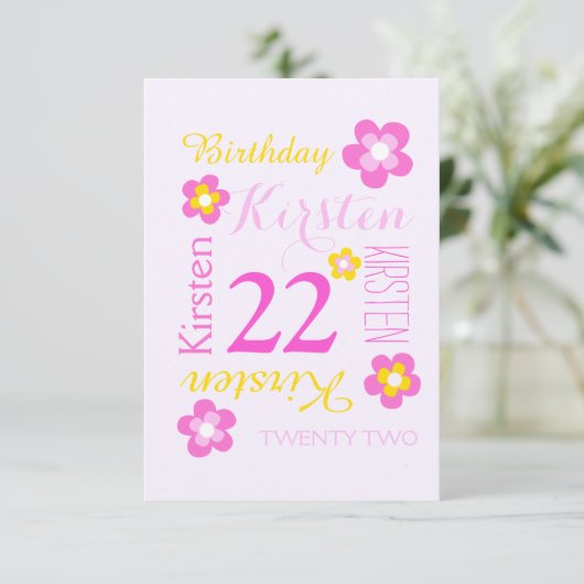 22歳の誕生日の花グラフィックイエローピンクの驚き 招待状 (スタンド正面)
