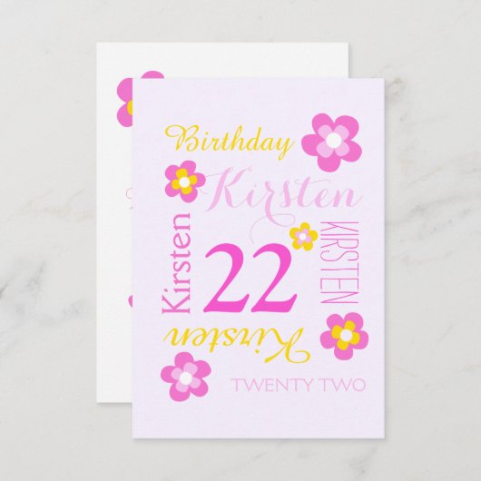 22歳の誕生日の花グラフィックイエローピンクの驚き 招待状 (正面/裏面)