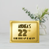 22歳の誕生日パーティー ~ アールデコ調の「22」+名前 箔招待状ポストカード (立ち正面)