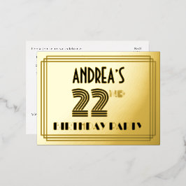 22歳の誕生日パーティー ~ アールデコ調の「22」+名前 箔招待状ポストカード
