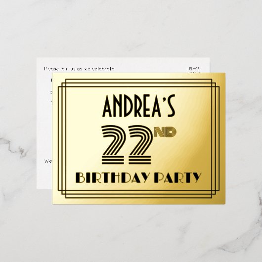 22歳の誕生日パーティー ~ アールデコ調の「22」+名前 箔招待状ポストカード (正面/裏面)