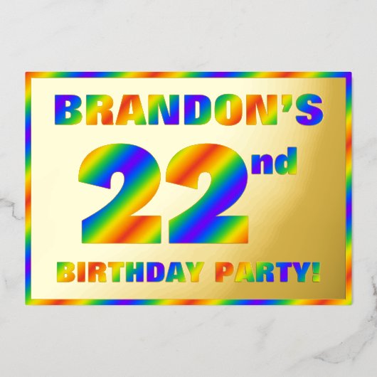 22歳の誕生日パーティー - 楽しいレインボースペクトラム「22」 箔招待状 (正面)