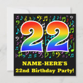 22歳の誕生日パーティー:楽しい音楽のシンボル、虹色の22 招待状 (正面)