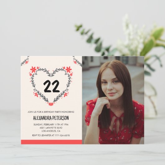 22歳の誕生日招待状のフローラハート 招待状 (スタンド正面)