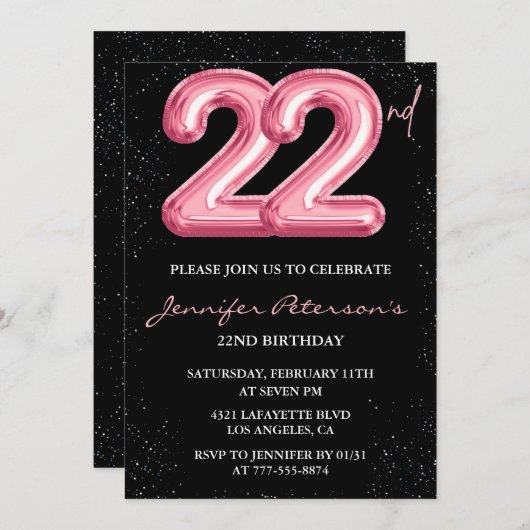 22歳の誕生日招待状ピンクバルーングラムブラック 招待状 (正面/裏面)