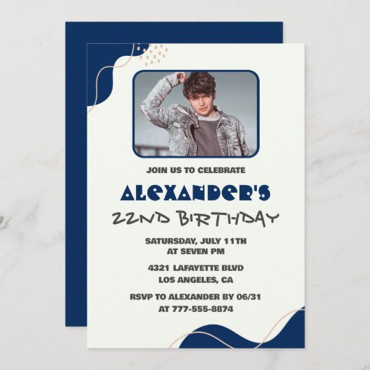 22歳の誕生日招待状メンズ海軍シンプル写真 招待状 (正面/裏面)