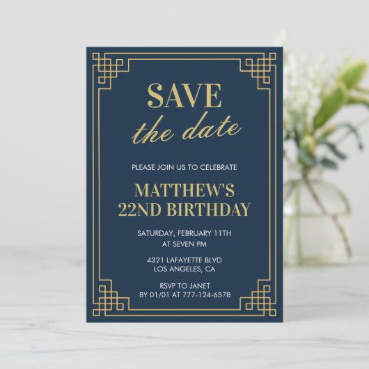 22歳の誕生日招待状メンズSave the date Navy 招待状 (スタンド正面)