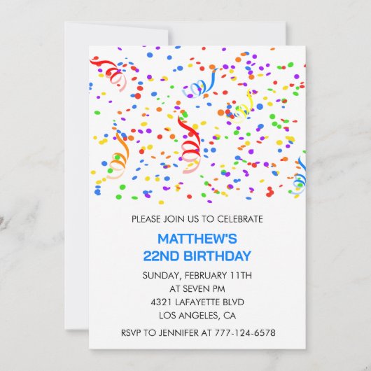 22歳の誕生日招待状レインボー紙吹雪 招待状 (正面)