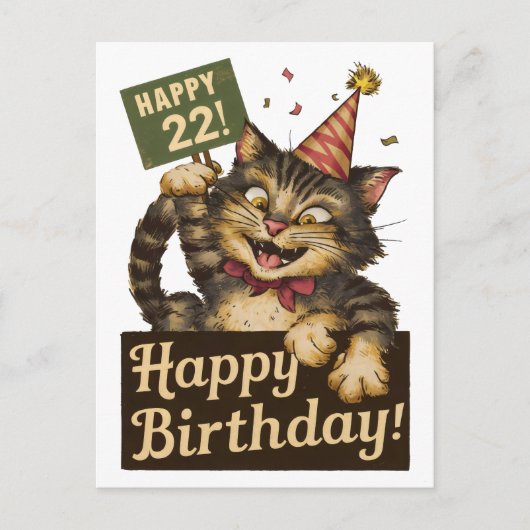 22歳の誕生日 かわいい ユニークな猫 ヴィンテージ ポストカード (正面)