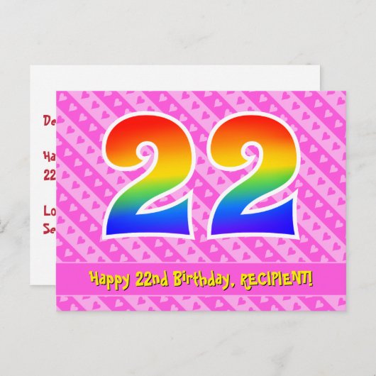 22歳の誕生日:ピンクのストライプとハート、レインボー22 ポストカード (正面/裏面)