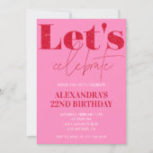 22歳エレガントの誕生日の招待状ピンクグリッターグラム 招待状 (正面)