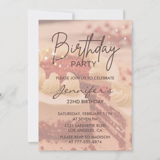 22歳エレガントの誕生日招待状ケーキシック 招待状 (正面)