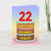 22番目の誕生日—おもしろいケーキとキャンドル、名前をカスタムする付き カード (正面)