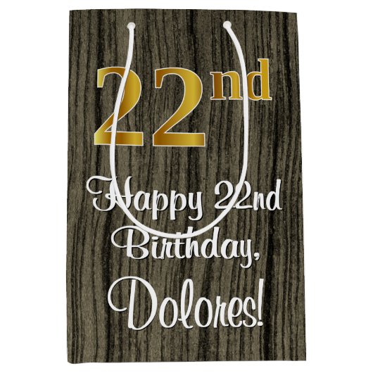 22番目の誕生日:エレガントフェイク金ゴールドルック#、フェイクWood ミディアムペーパーバッグ (正面)