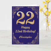 22誕生日ネイビーブルーと金ゴールドグリッターフレーム カード (黄色い花)